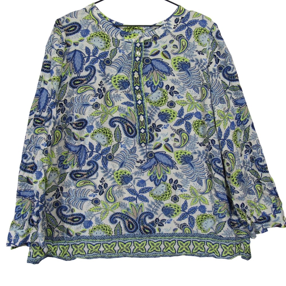 Talbots Paisley Blouse Womens‎ 2X Blue Green Good Boho Henley Long Sleeve Top